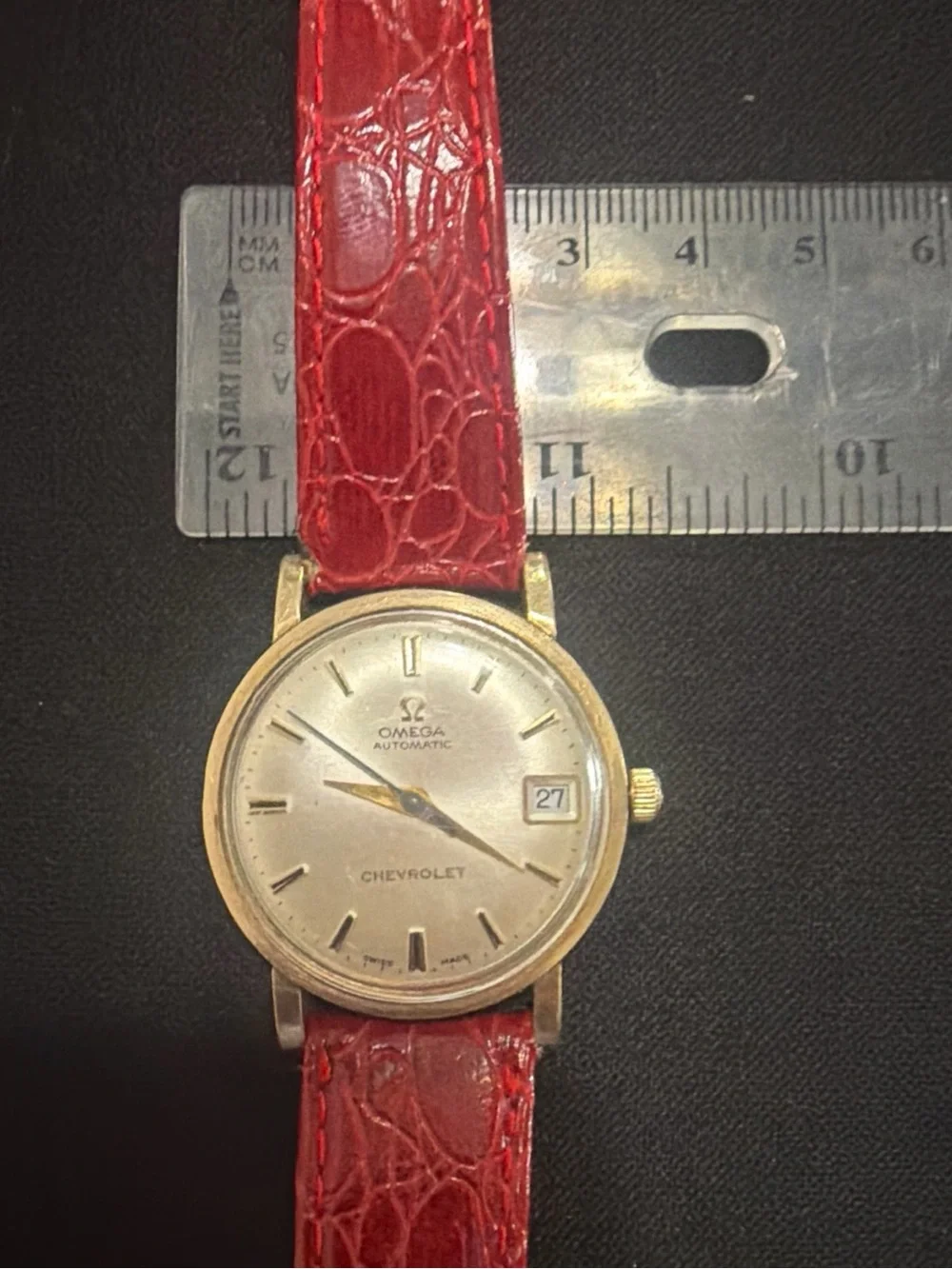 Vintage Omega Automatic Men’s Watch - Red Leather Strap and Chevrolet dial